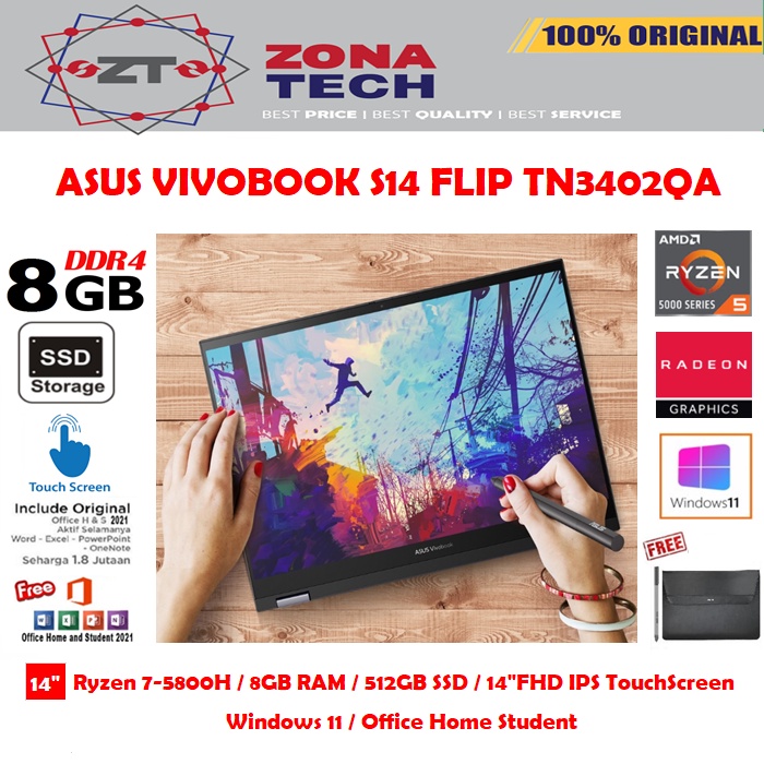 ASUS VIVOBOOK S14 FLIP TN3402QA - RYZEN 7-5800H - 8GB - 512GB SSD - BACKLIT - 14&quot;WUXGA IPS TOUCH - W11 - OHS