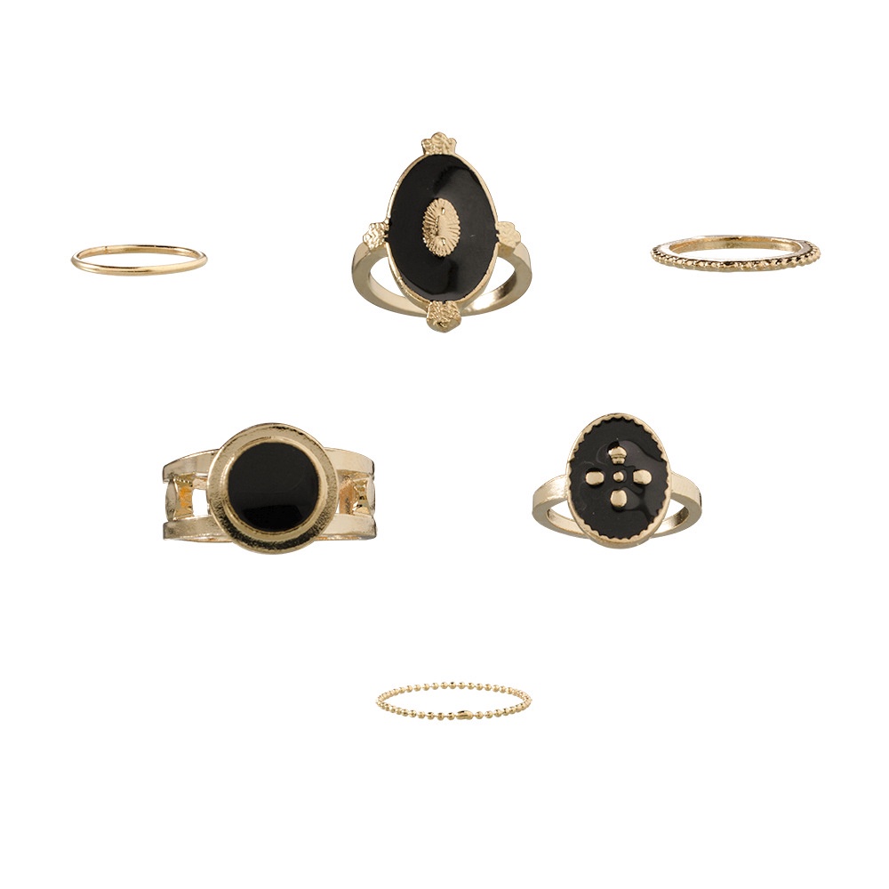Fashion Elegan Ins Net Merah Kepribadian Hitam Logam Cincin Bersama Nordic Rantai Sederhana 6-Piece Ring Set