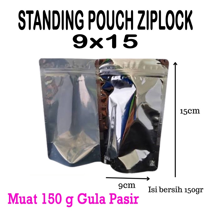 Standing Pouch 9x15 Aluminium Silver Kombinasi Transparan