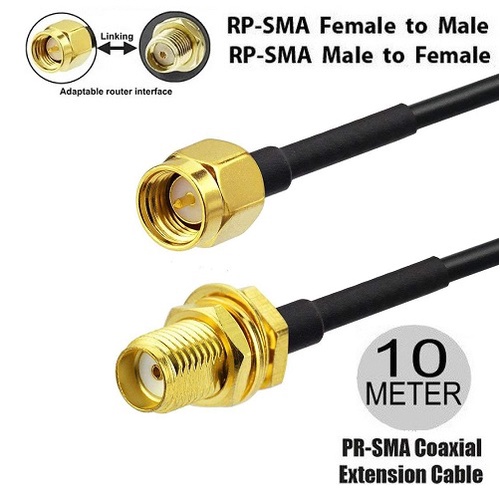 Kabel Extension Pigtail RP-SMA 10 Meter Male to Female Perpanjangan Coaxial RF Cord Connector RPSMA Cable Antenna Wi-Fi Wireless Router Panjang 10meter