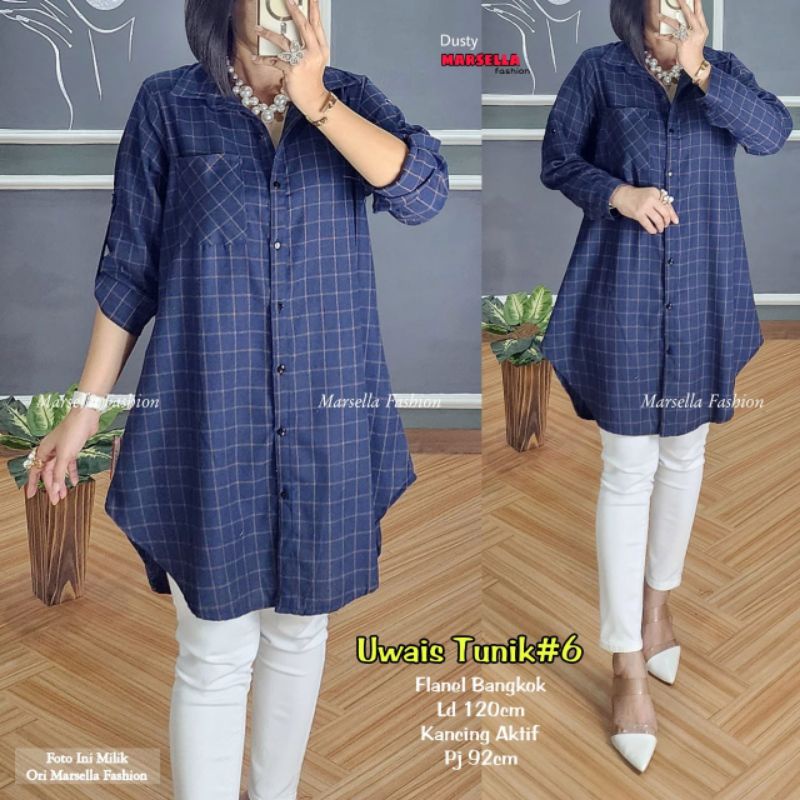 UWAIS TUNIK #6 BY MARSELLA TOP ATASAN BLOUSE MIDI TUNIK JUMBO MOTIF KOTAK FLANEL BANGKOK LD 120 CM F