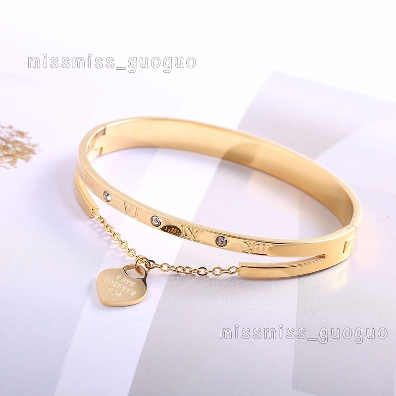 Gelang Liontin Hati Angka Romawi |  Aksesoris Bahan Titanium Steel 18K Warna Rose Gold | Perhiasan Bahan Stainless Steel Untuk Hadiah