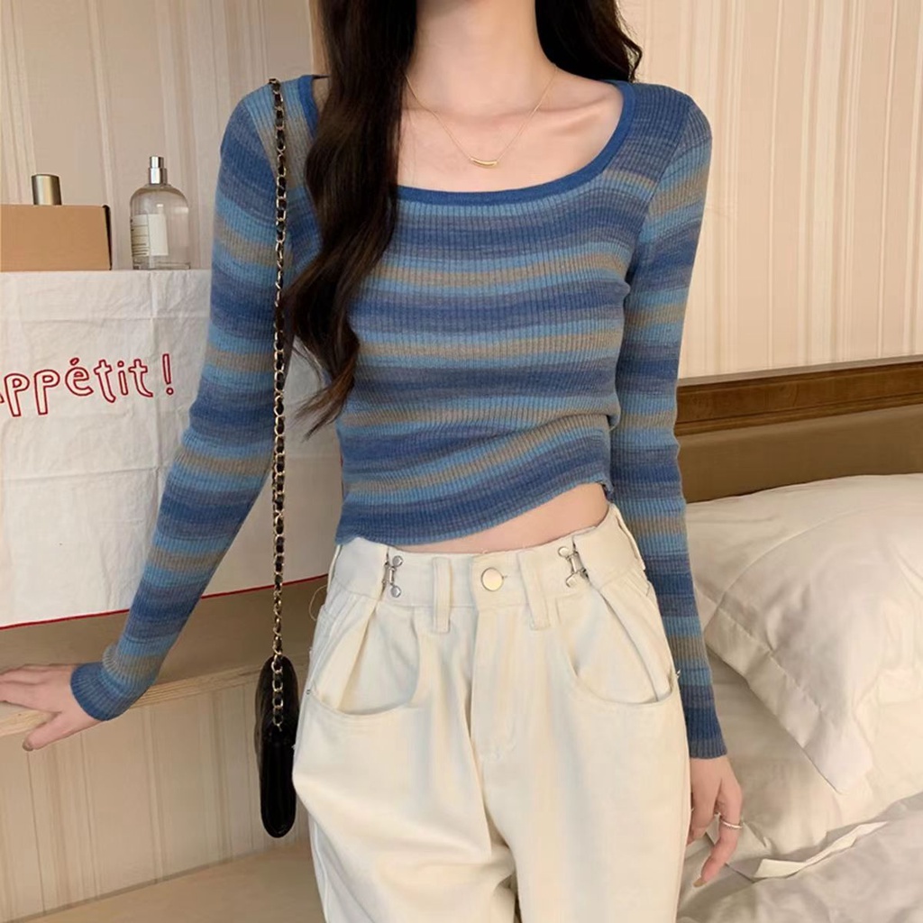 Stripe Shirt Baju Crop Lengan Panjang Wrap Top Baju Inner Rajut