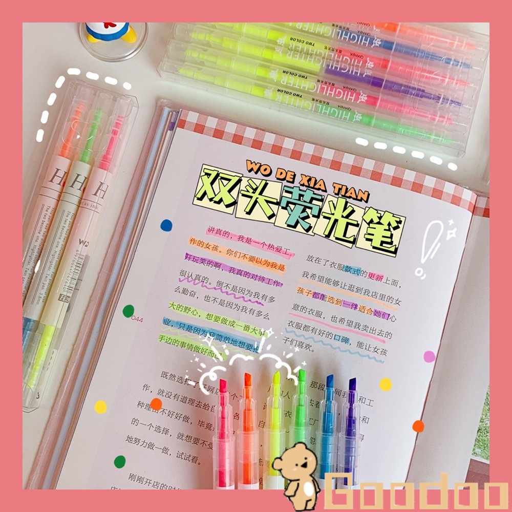 6PCS Warna Berkepala Dua Stabilo 6-Warna Penanda Garis Kunci Spidol Grafiti Miring Kepala Pena-Doo