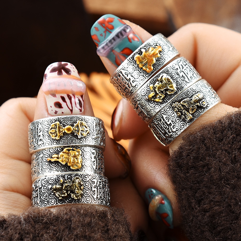 Vintage Namo Amitabha Buddha Nativity Guardian Ring Adjustable Alloy Transit Ring Liburan Masa Kini Pencerahan Agama Rings Untuk Pria Dan Wanita