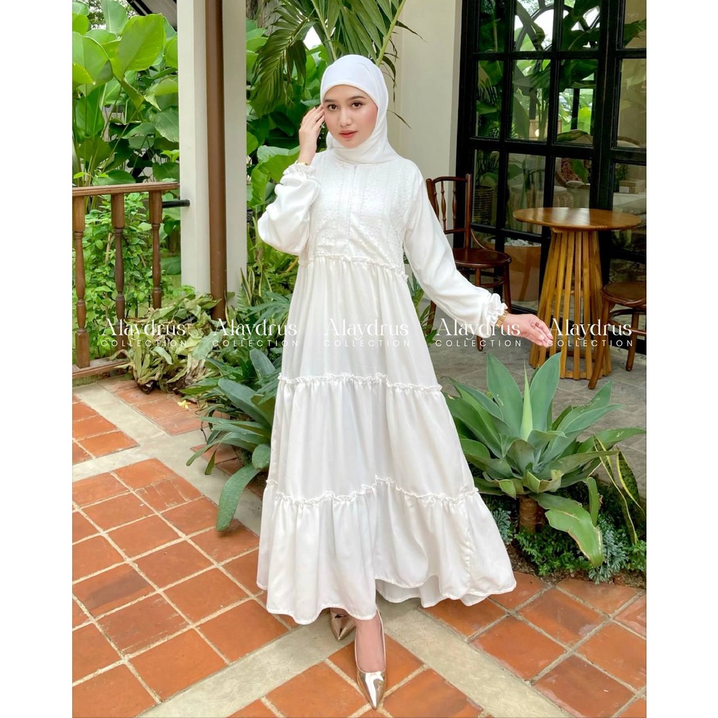 Abaya Gamis Putih Dress Maxi Arab Saudi Bahan Wolfis Premium Kombinasi Brukat Dada By AlaydrusCollection