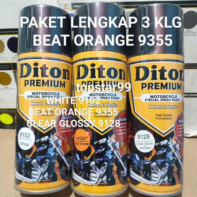 Diton Premium Paket Lengkap 3 Kaleng 400cc Oren Beat Orange 9355 White 9102 Clear Glossy 9128 Pilox Pilok Cat Semprot Spray Paint