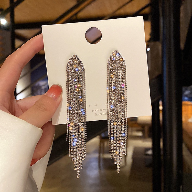 Anting Drop Kristal Baru Dengan Bling Bling Panjang Rumbai Temperamen Wanita Anting Bersinar Perhiasan Pesta Trendi Untuk Wanita