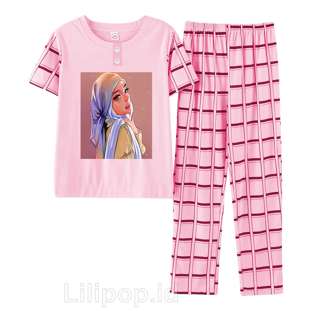 Lilipop.id  Baju Tidur Wanita CP muslimah Setelan Piyama BabyDoll Kaos Celana Panjang