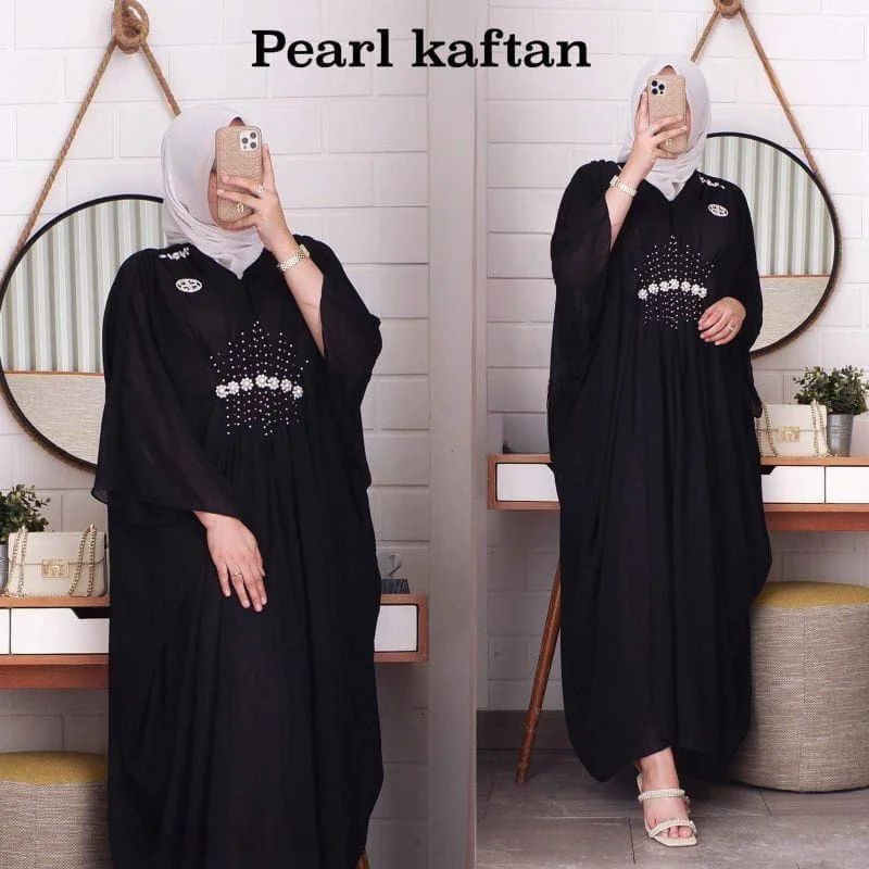 PEARL KAFTAN CERUTY BABYDOLL GAMIS KAFTAN APLIKASI MUTIARA/DRESS KONDANGAN OVERSIZE/KAFTAN LEBARAN/FAR MOSLEMSTORE