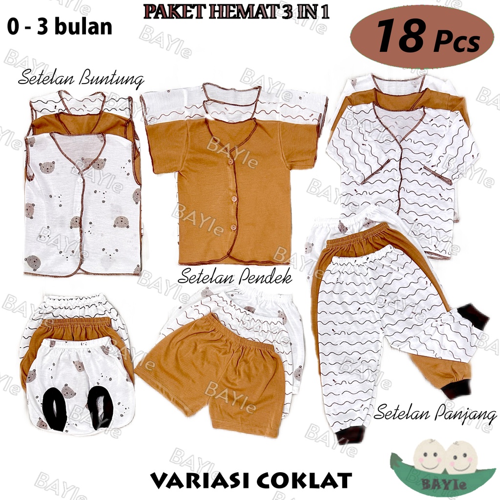 18 PCS Paket Hemat Perlengkapan Baju Bayi Baby Baru Lahir (New Born) Ekonomis dan Hemat PAKET 3 IN 1 3 COKLAT, GREY, PINK