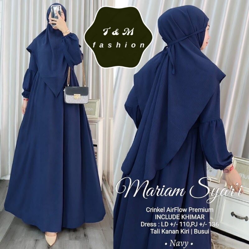 T &amp; M Fashion~Maryam Gamis Set Hijab Instant Premium Matt Crinkle Air Flow Gamis Busui Fashion Muslim Terbaru 2023 Baju Wanita Harian Rumahan Santai Warna Sage Navy Dusty Mocca Birel