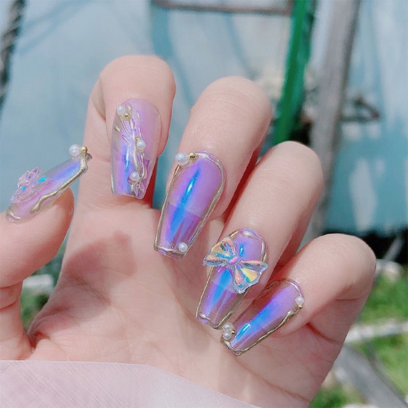 50 Pcs Aurora Busur Simpul Bagian Kuku Dekorasi 3D DIY Shinny Magic Pita Kuku Seni Berlian Imitasi Pesona Manicure Perhiasan Aksesoris
