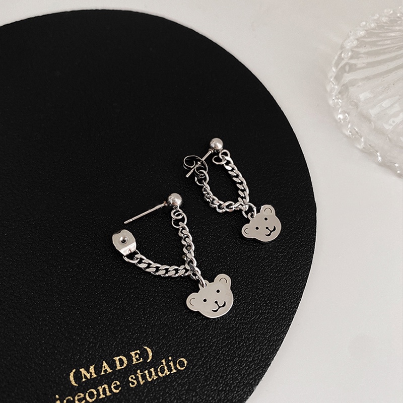 Papaozhu Trendi Rantai Kaitan Perak Beruang Lucu Menjuntai Anting Untuk Wanita Perempuan Temperamen Drop Earrings Engagement Daily Ear Accessories