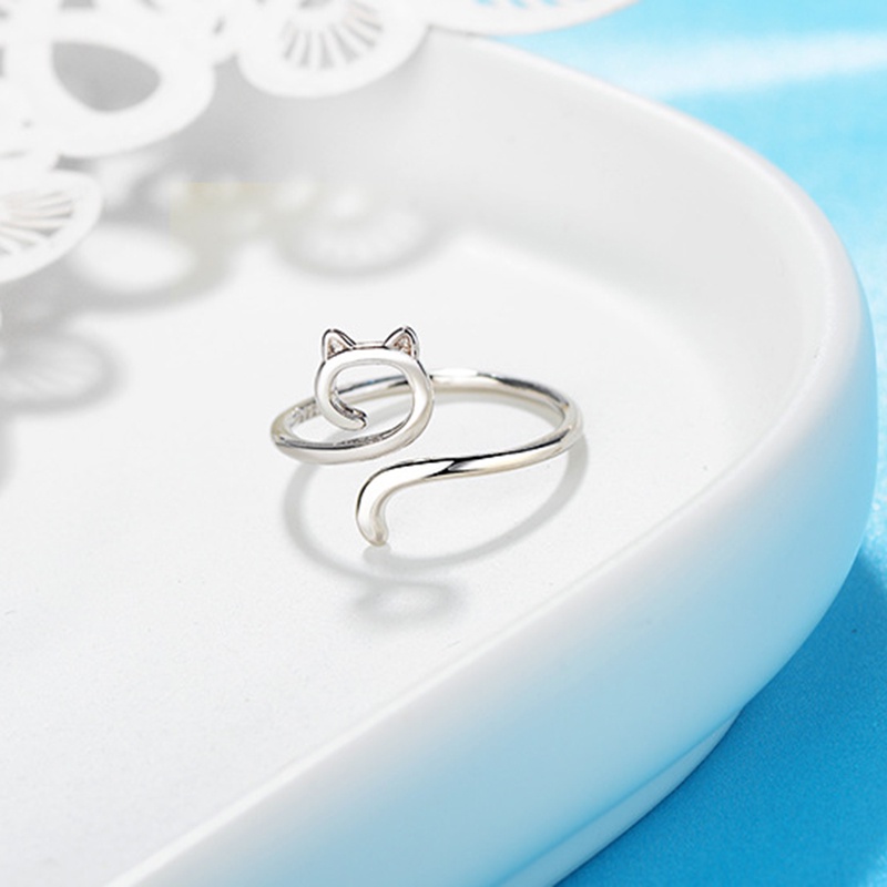 1 Pcs Fashion Sederhana Cincin Perak Lucu Bentuk Kucing Cincin Wanita Pribadi Berongga Adjustable Ring