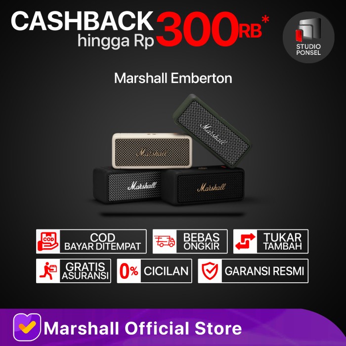 MARSHALL EMBERTON BLUETOOTH PORTABLE SPEAKER BLACK & BRASS ORIGINAL ORIGINAL