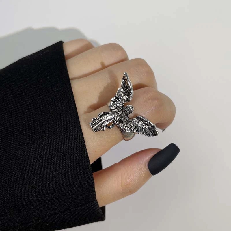 Pria Wanita Fashion Kreatif Perhiasan Hadiah Aksesoris Cincin Malaikat Hip-hop Gaya Punk Retro Pembukaan Cincin Yang Dapat Disesuaikan Cincin Pesta Tiga Dimensi Jari Cincin Kepribadian Yang Indah