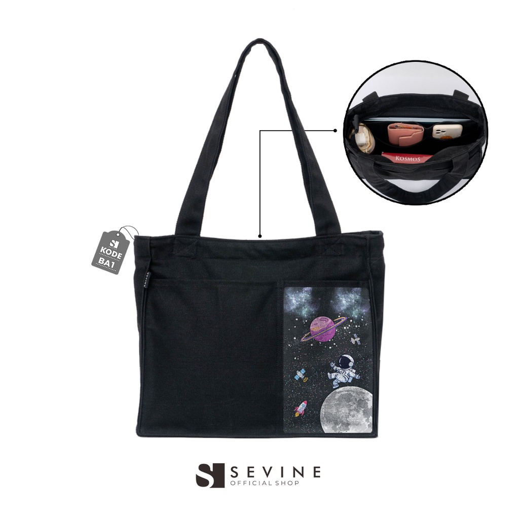 Sevine Totebag Kanvas Rebecca Tas Wanita Tote Bag Kuliah Sekolah Sekat Laptop Hitam Elegan Aesthetic - BA