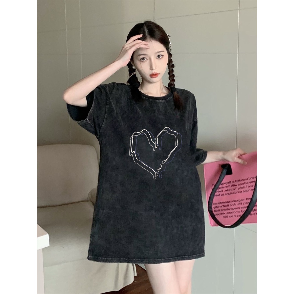 XIAOZHAINV Korean Style Heart Pattern Washed Printing Kaos Wanita