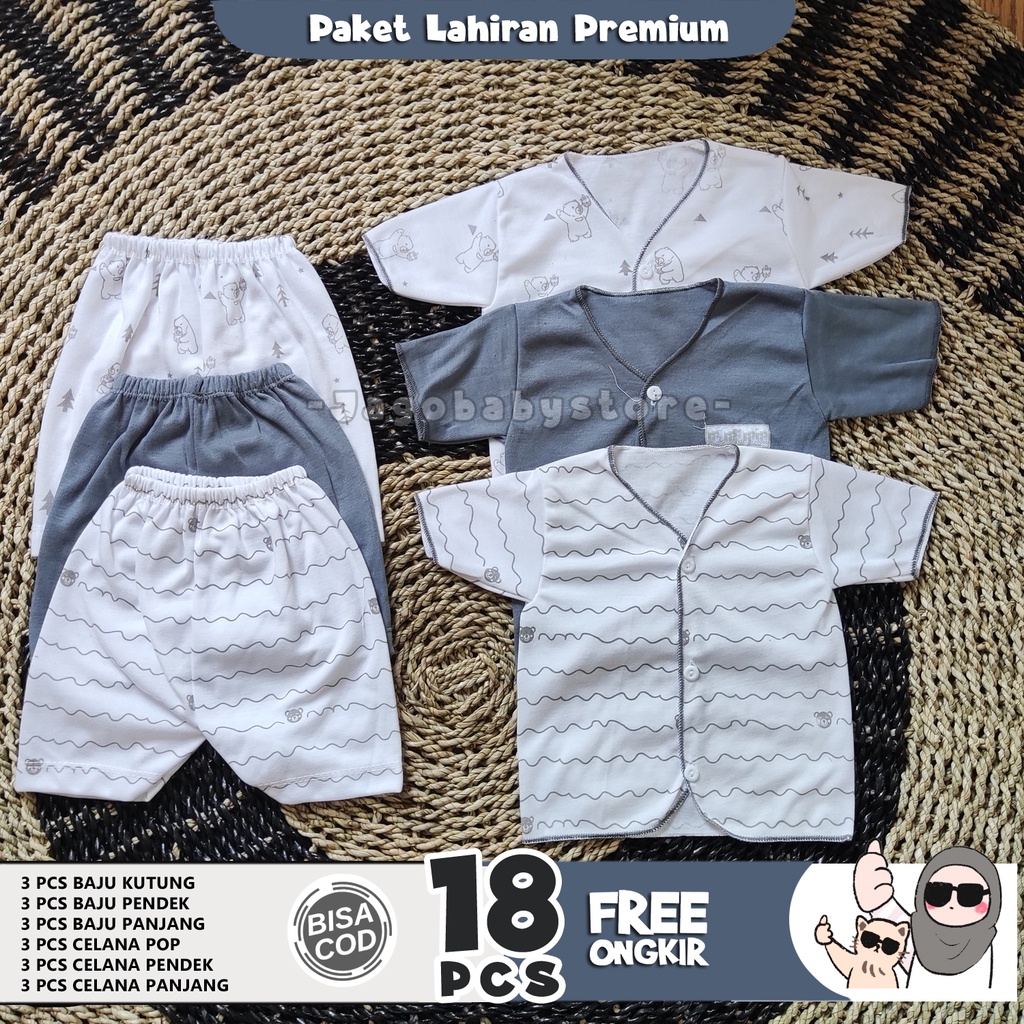 18 Pcs Baju Bayi Newborn Paket Lahiran Premium Motif Abu Abu