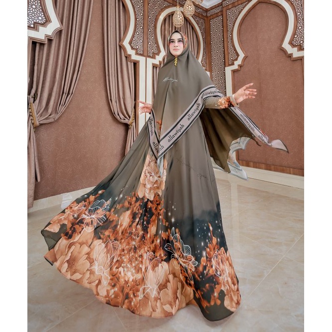 N591 TERATAI SET PREMIUM GAMIS KHIMAR HIJAB SYARI  DRESS JERSEY MIX CERUTY PRINT KARET PINGGANG BUSU