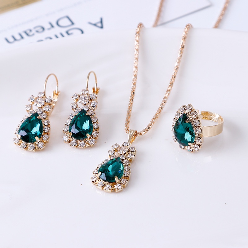 Set Kalung Anting Cincin Berlian Imitasi | Set Perhiasan Untuk Pengantin | Aksesoris Wanita | Aksesoris Bahan Stainless Steel