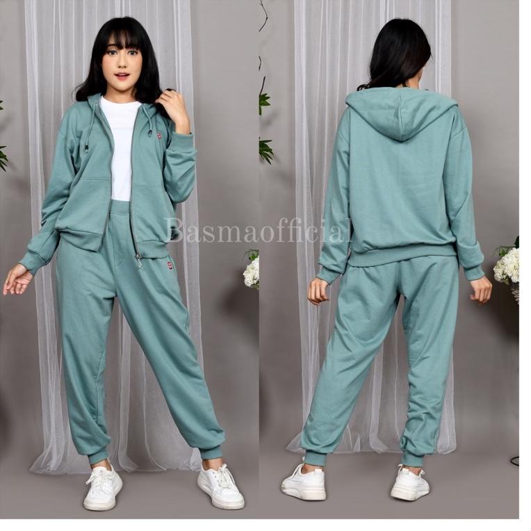 STOK TERBARU Setelan Oneset Uniqlo Sweater Wanita Sweater Polos Set Olahraga