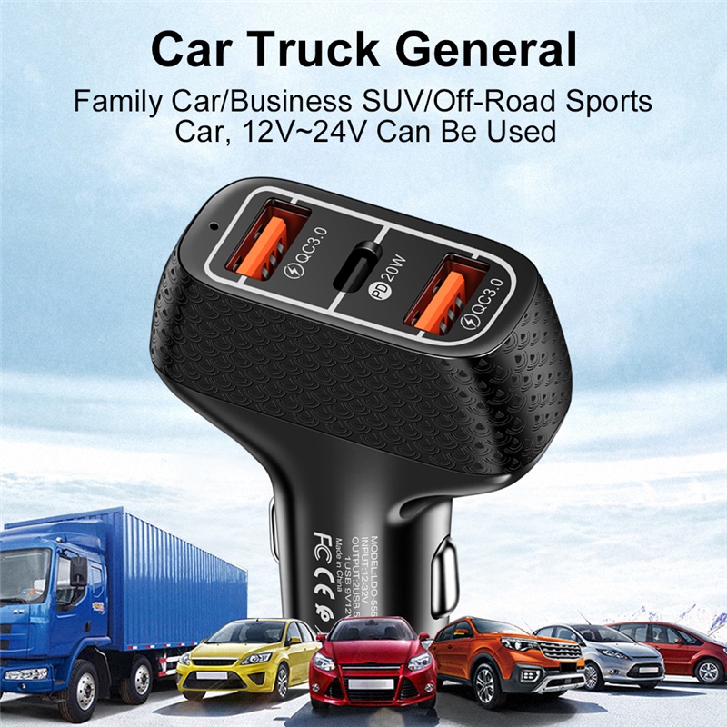 2USB + PD Car Charger Fast Charging PD Quick Charge 3USB Car Charger 5V Fast Charging Portable Phone Adapter For i-phone Type C Android