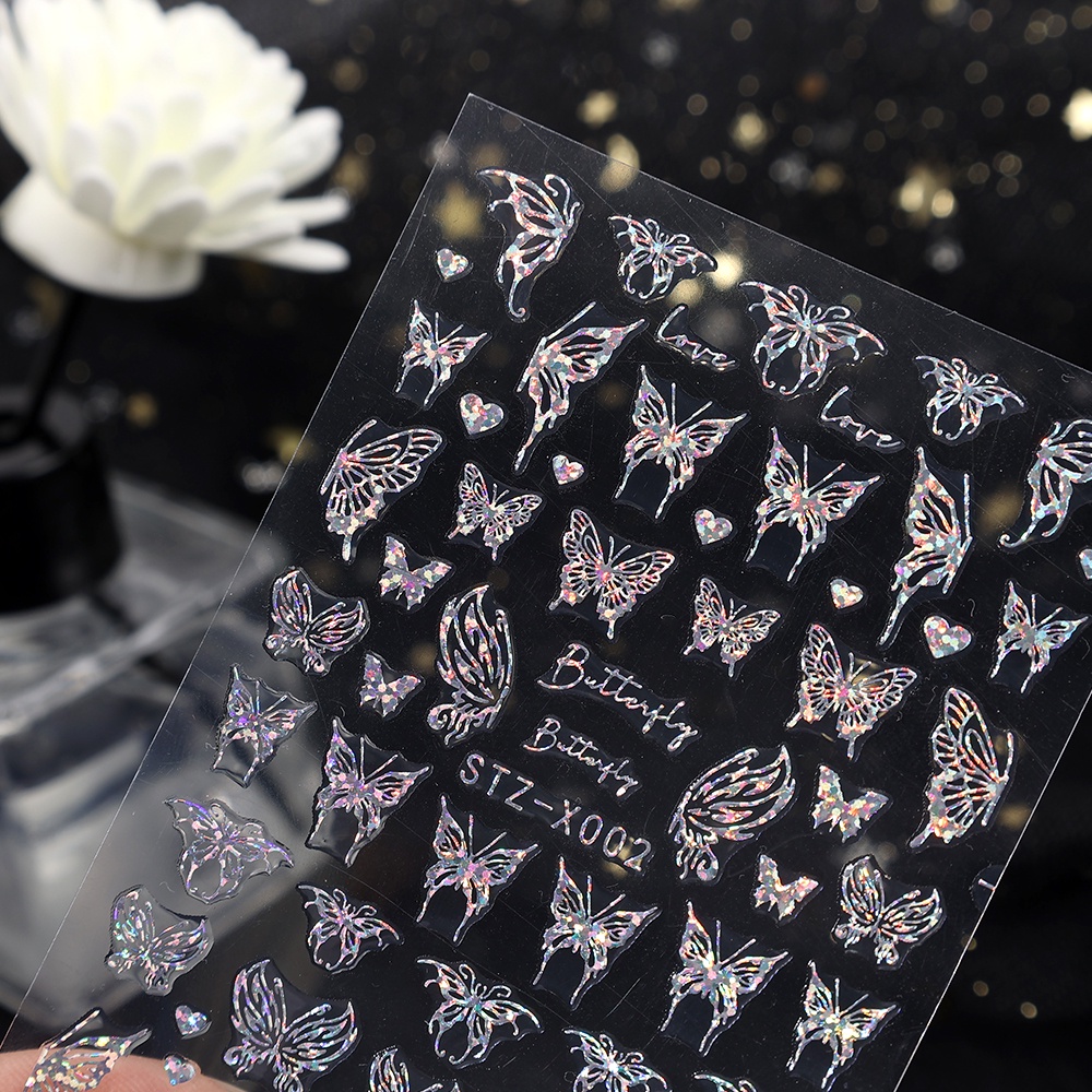 Silver Butterfly Nail Art Stiker 3D Laser Reflektif Ular Naga Bintang Bulan Hati Desain Foils Sparkly Decals Dekorasi Kuku