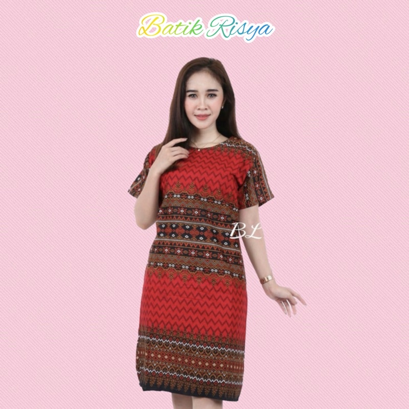 BAJU SIZE JUMBO DRESS BATIK WANITA JUMBO XXXXL / 4L LENGAN PENDEK MOTIF SONGKET TENUN MERAH ANJANI
