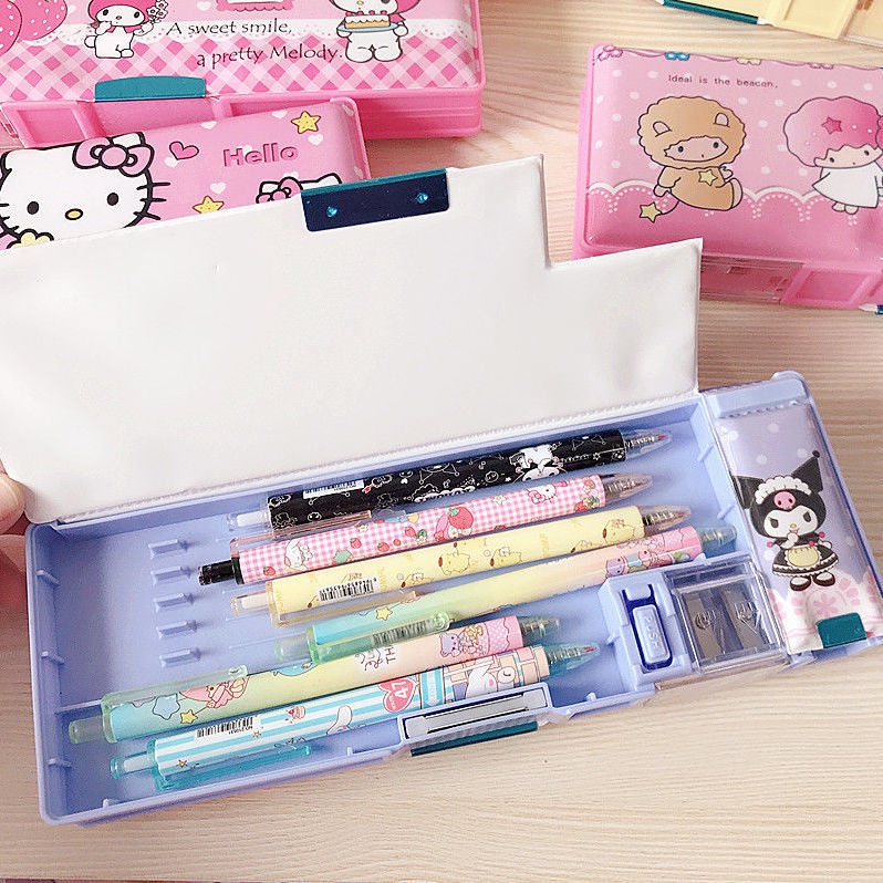 Sanrios Kuromi My Melody Hello Kitty Cinnamoroll Anime Multifungsi Dua Sisi Kotak Alat Tulis Pensil Anak Stationery