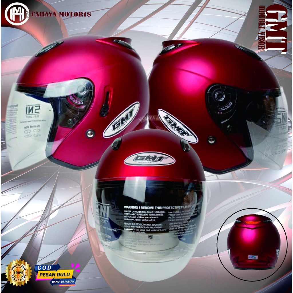 HELM HALF FACE DOUBLE VISOR|MODEL INK CENTRO|MERK GMT|MERAH MAROON DOP|SNI