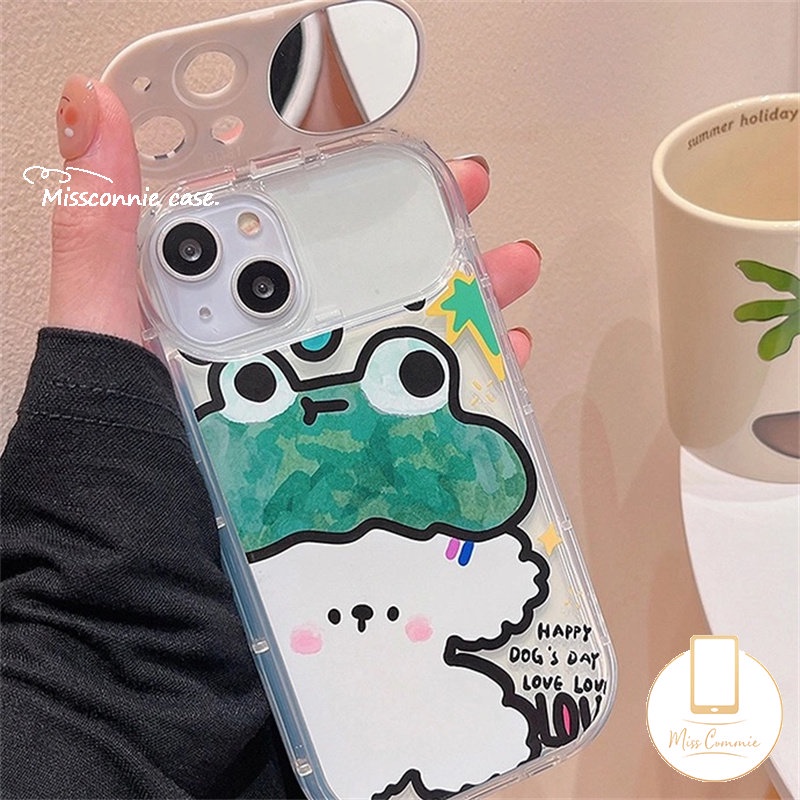 Graffiti Kartun Hewan Soft Case Kompatibel Untuk IPhone 7Plus 11 12 14 13 Pro Max X8 7 Plus XR XS Max SE 2020 Flip Make Up Cermin Kelinci Lucu Kodok Anjing Ponsel Cover