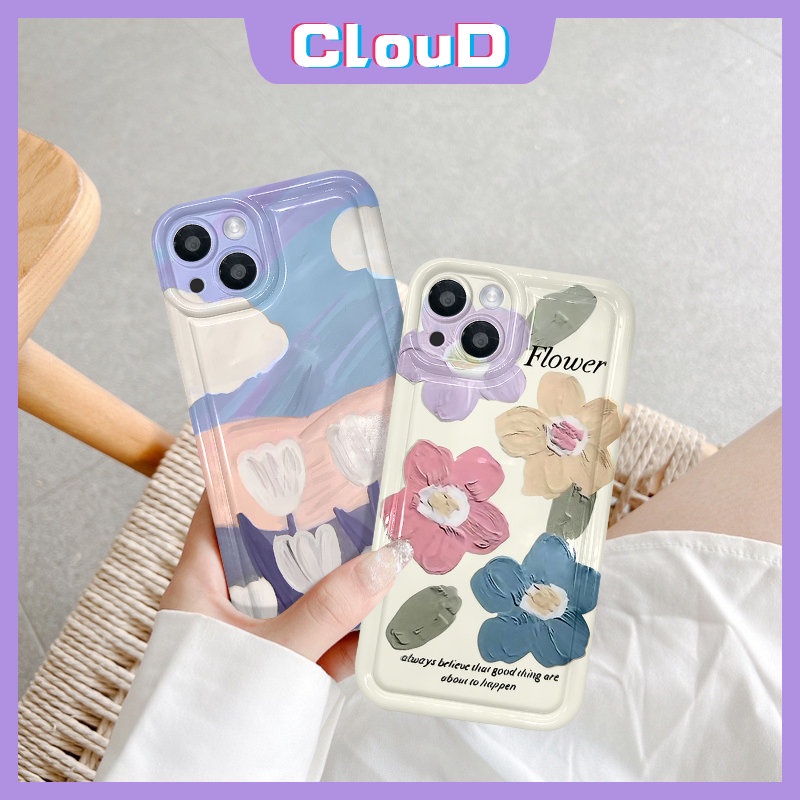 IPHONE Lukisan Cat Minyak Bunga Shockproof Airbag Case Kompatibel Untuk Iphone6 7plus11 13 14 12 Pro Max X XR XS Max 6s 8plus SE 2020 Art Fresh Flower Tulips Back Soft TPU Phone Cover