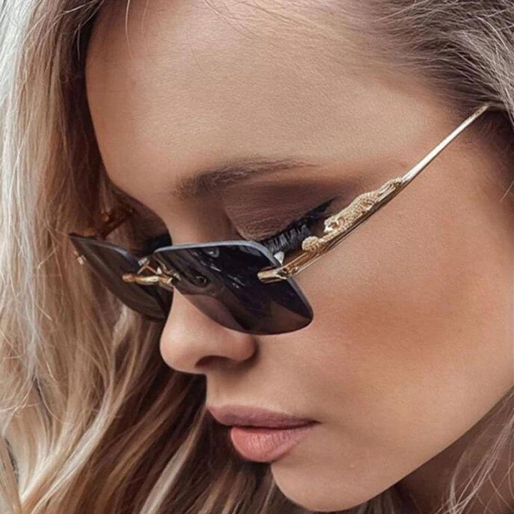 Retro Korea Kacamata Hitam Seaside Cheetah Dekorasi Frameless Glassese Anti UV400 Gradasi Square Shades Cutting Lens Elegan Luar Unisex