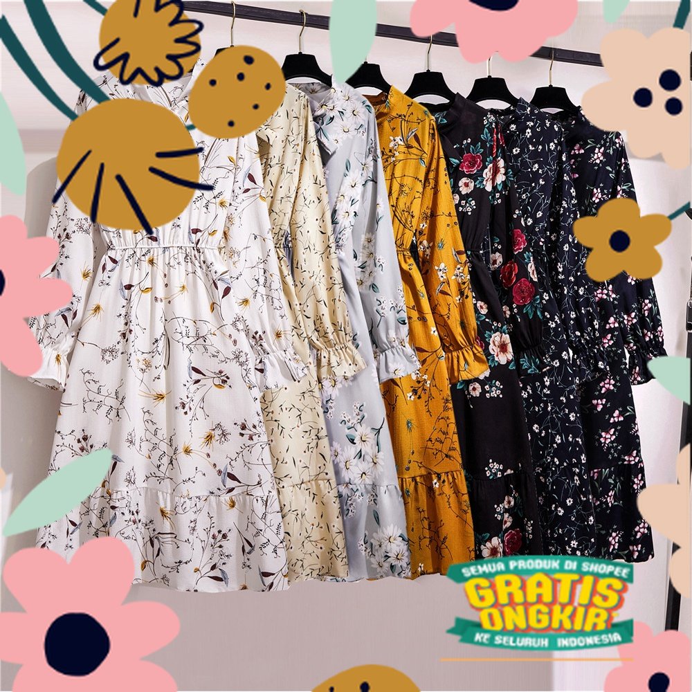 Warna solid hitam merah Wanita midi dress korea lengan panjang Muslimah motif bunga panjang gaun / b