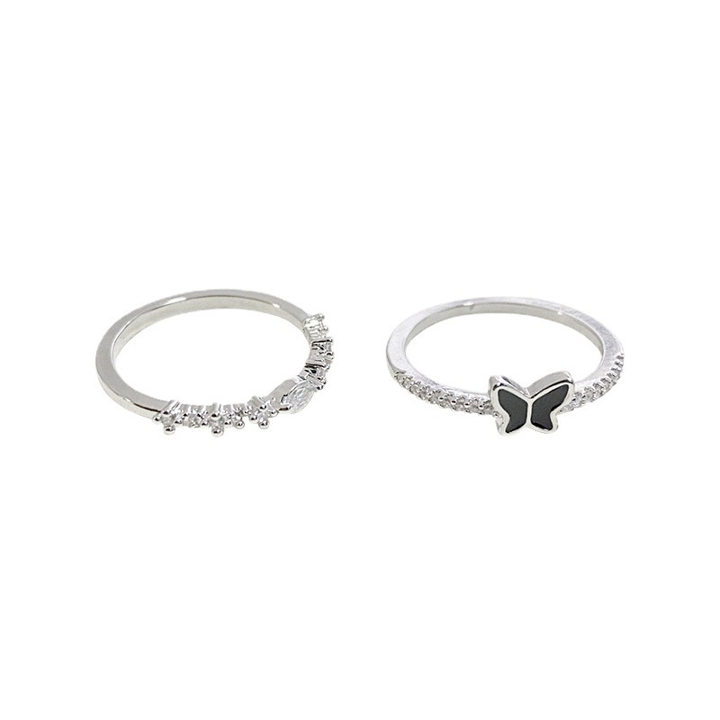 YEEZII 2pcs/set Cincin Kristal Silver Elegan Butterfly Rings Set Untuk Wanita Aksesoris Perhiasan