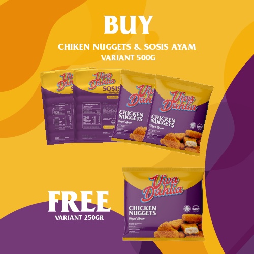 

Paket 2 Viva Dahlia Nugget 500gram dan 2 Viva Dahlia Sosis Sapi 500gram Gratis 1 Viva Dahlia Nugget 250gram