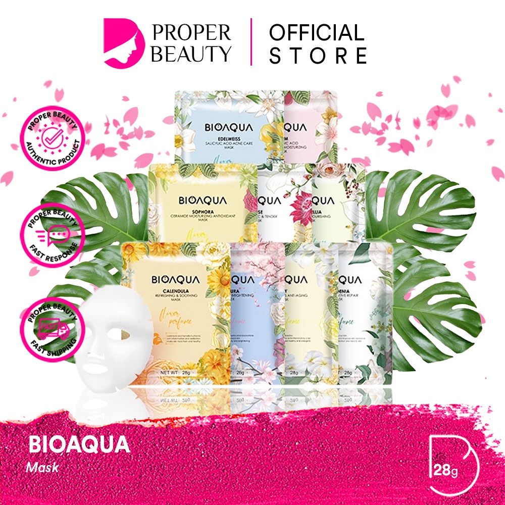 BIOAQUA Mask Indonesia / Masker Wajah 28g / Flowers Series Sheet Hours Parfume Bunga / Sakura Edelweiss Camellia Rose Sophora Gardenia Lily Plum Calendula / Mencerahkan Melembabkan / Skincare Face Facial Care Treatment Perawatan Kulit Muka Bio Aqua Series