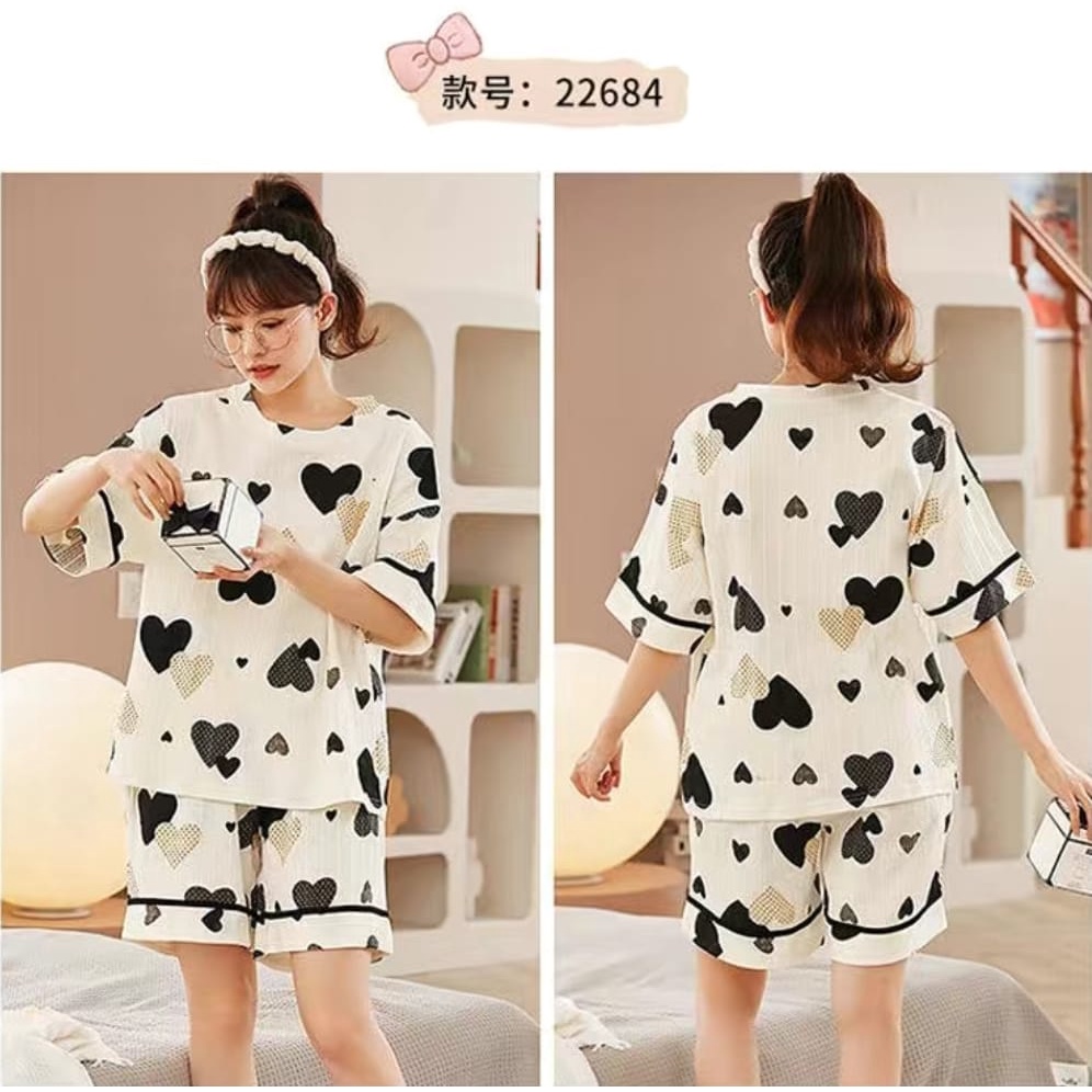 Baju tidur piyama lengan pendek celana pendek bahan kaos import