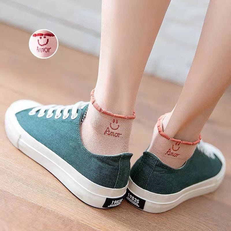 ZAYKA==Kaos Kaki Motif Senyum Lucu Ankle Socks Wanita Model populer