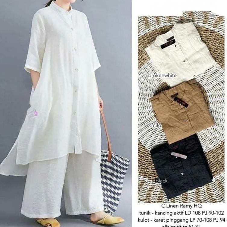 LANGSUNG ATC Setelan Muslim Wanita Terbaru / One Set Tunik+Kulot Bahan Katun Linen / OOTD Muslim Mur