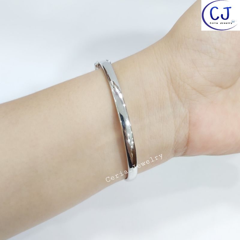 Gelang Perak Asli Silver 925 Lapis Emas Putih Model Bangle Variasi Bunga Pink - Perhiasan Perak Asli