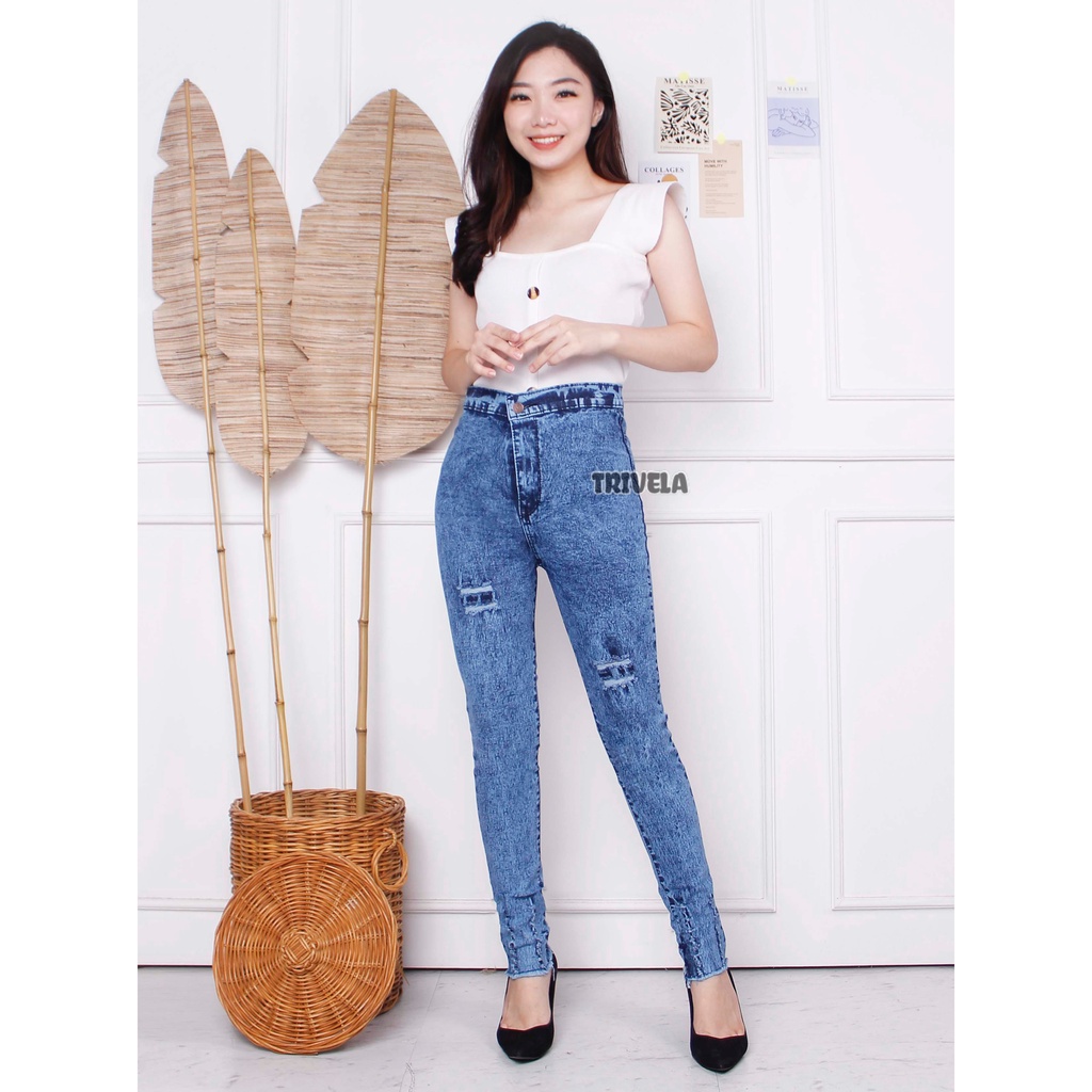 Hw Jeans Ripped Snow Sorana / Celana Pensil Panjang Wanita / Celana Jeans Pensil Wanita