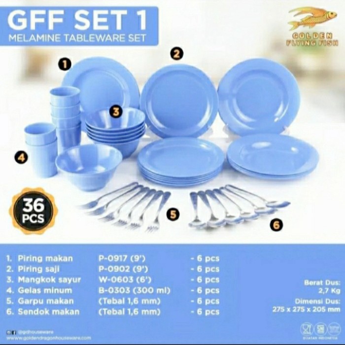 Piring Piring&Mangkok&Gelas Melamin Gff Set 1 Golden Flying Fish 36 Pcs
