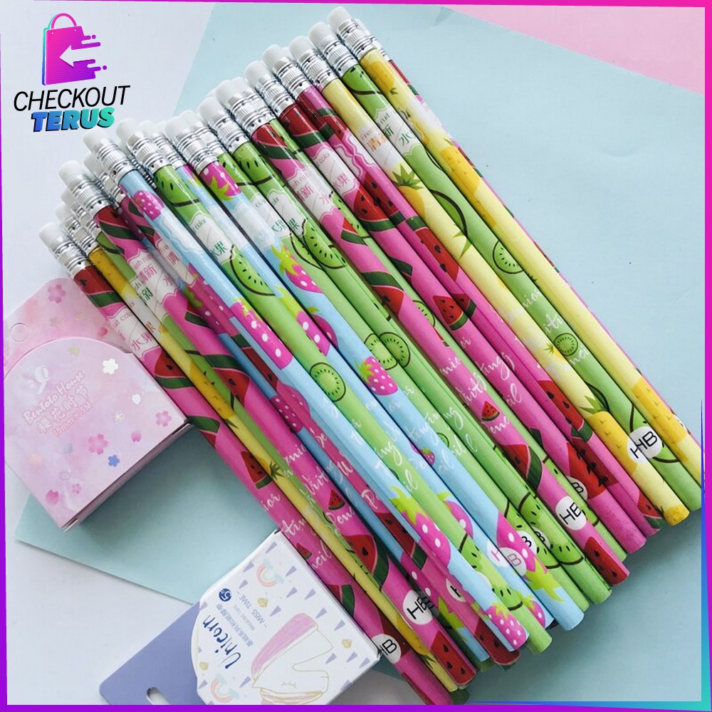 CT A49 Pensil Kayu Set 12IN1 Motif Buah With Eraser Alat Tulis Dengan Penghapus Sekolah 12pcs Pencil Fruits Praktis Import