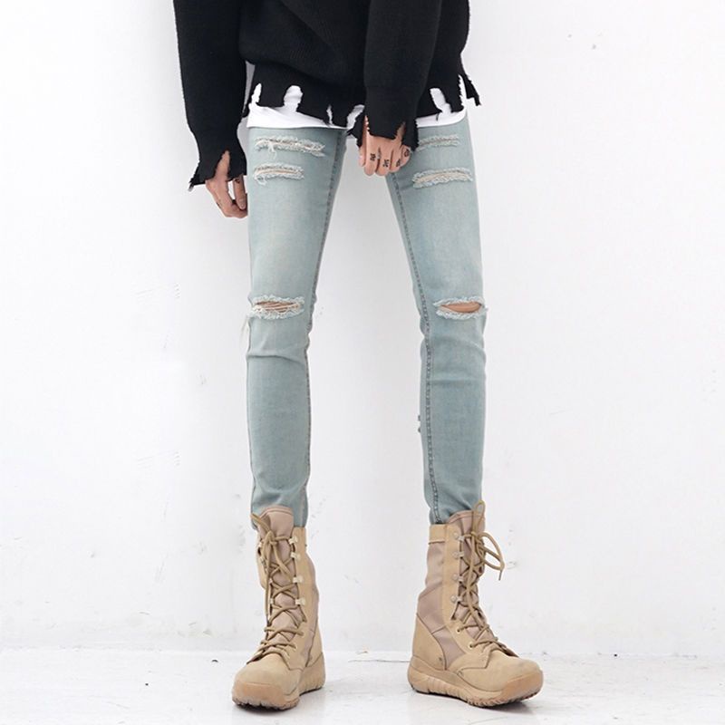 Celana Jeans Robek Pinggang Rendah Slim Fit Pria Gaya Korea