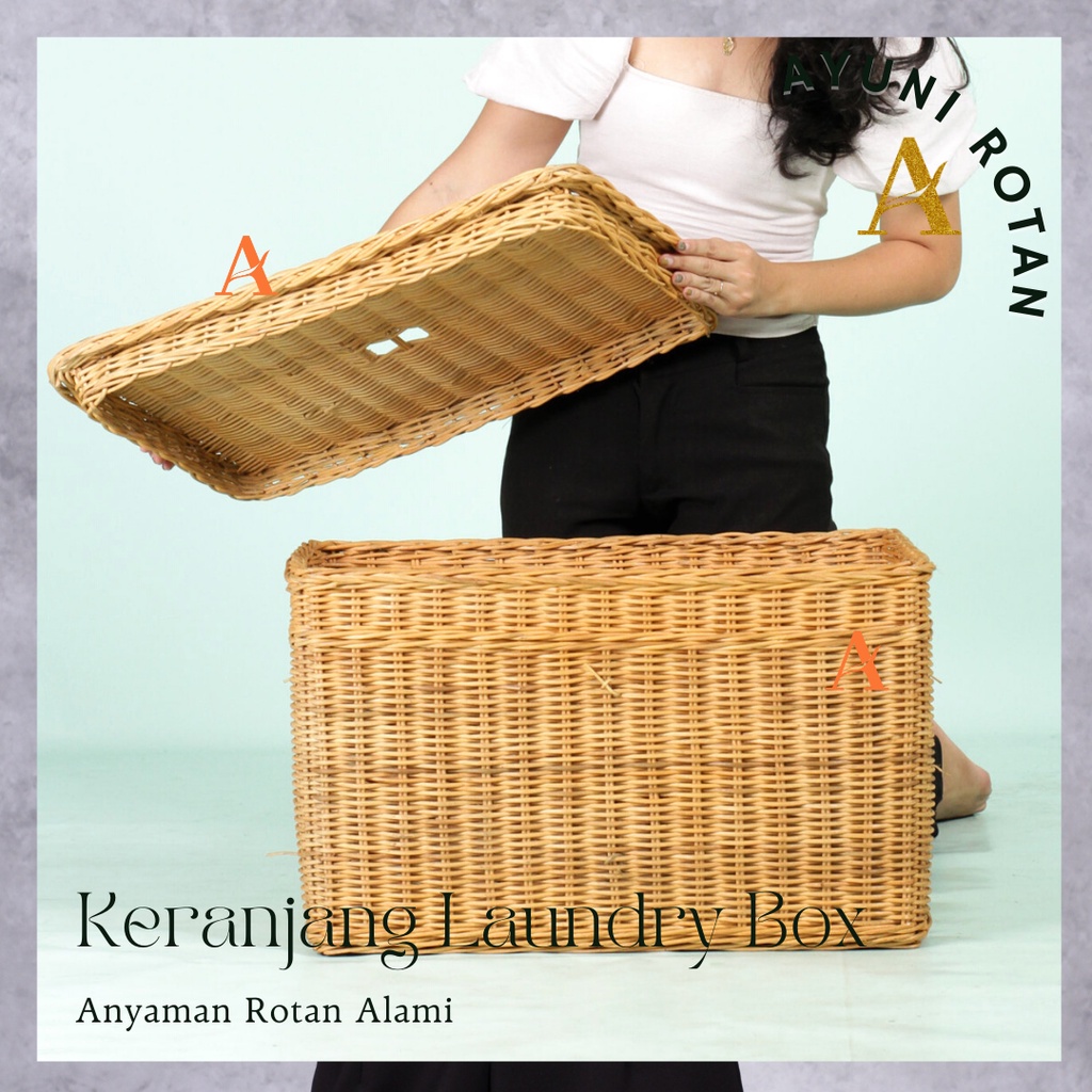 Keranjang Laundry Box Rotan / Keranjang Baju Kotor Dengan Tutup Serbaguna Anyaman Rotan Asli