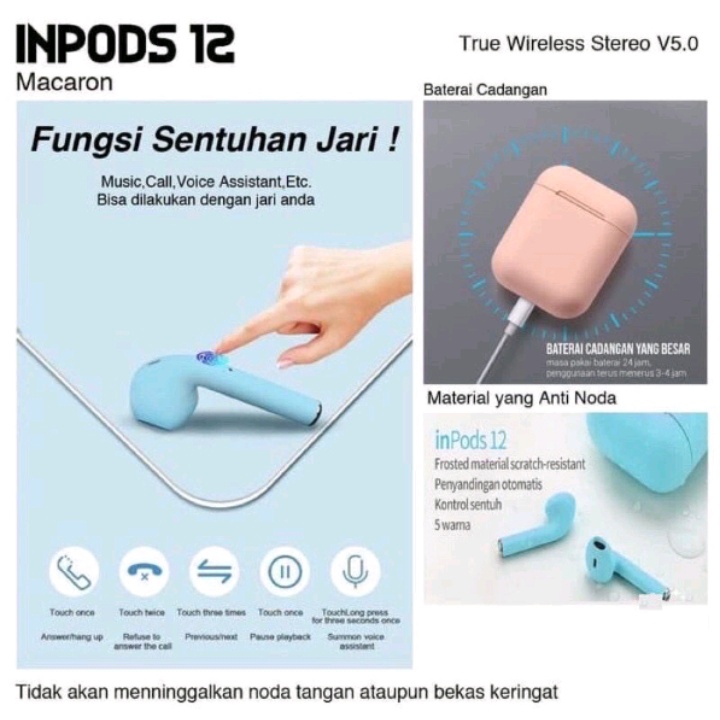 Headset Bluetooth TWS Inpods i12 Macaron Earphone