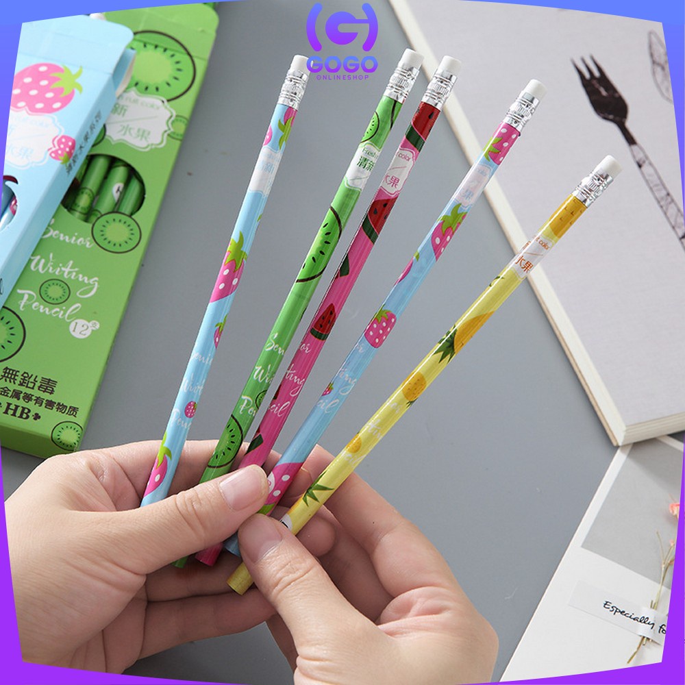 GOGO-A49 Pensil Kayu Set 12IN1 Motif Buah Dengan Penghapus Praktis / Pensil 12pcs Alat Tulis Sekolah Pencil Fruits With Eraser Import